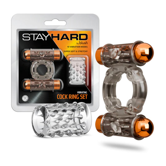 Blush Stay Hard Vibrating Cock Ring Set — Textured Sleeve & Dual Bullets - BL-77509