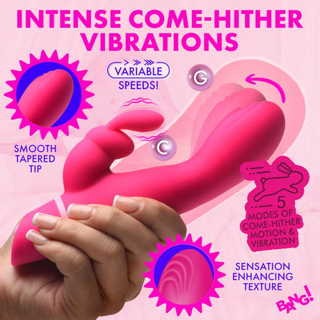 XR Brands Come Hither Silicone Rabbit Vibrator, Pink - BNG-AH793
