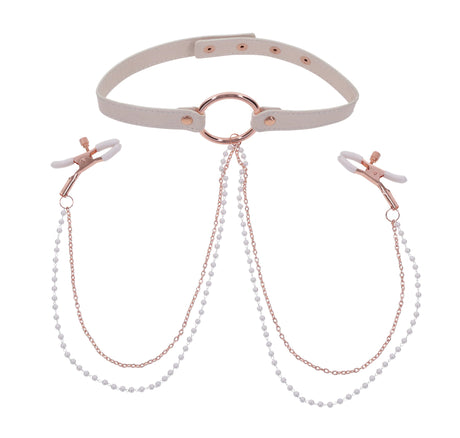 Sportsheets Peaches N Creame Collar with Nipple Clamps, Pink - SS09963