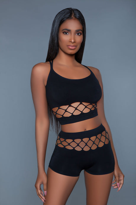 BeWicked Palmer Fishnet Tank Crop & High-Waist Shorts, Black, One Size - BW-2011BLKOS