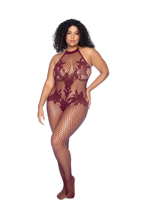 Mapale Vino Noir Floral Fishnet Bodystocking, Size X, Cherry - GE-1116XBGOS