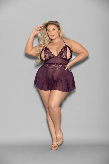 Escante Shorty Lace Slit-Cup Babydoll — Queen Size Plum - ES-2183XPLUMQ