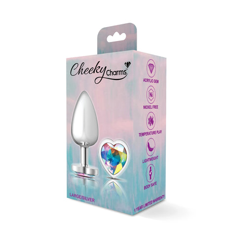 Clear Iridescent Heart Gem Silver Metal Plug - Lg