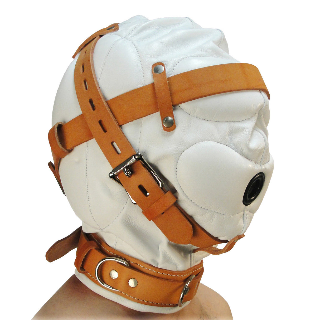 Strict Leather Total Sensory Deprivation Hood — Medium-Large, White/Tan - 811847016013