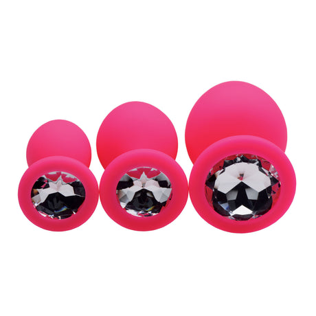Frisky 3-Piece Silicone Anal Plugs with Gem Bases, Pink - 848518024015