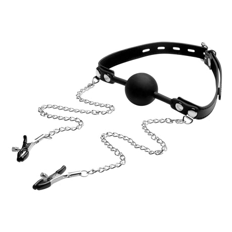 STRICT Silicone Ball Gag with Nipple Clamps, Adjustable Strap, Black - STR-AE976