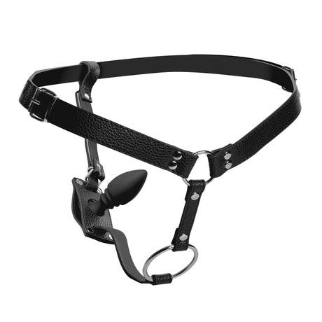 STRICT Cock Ring Harness with Rippled Silicone Anal Plug - Black - 848518026866