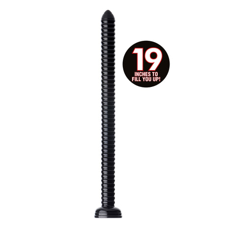 Hosed 19-Inch Ribbed Anal Dildo — Black PVC, Suction Base - 848518028563
