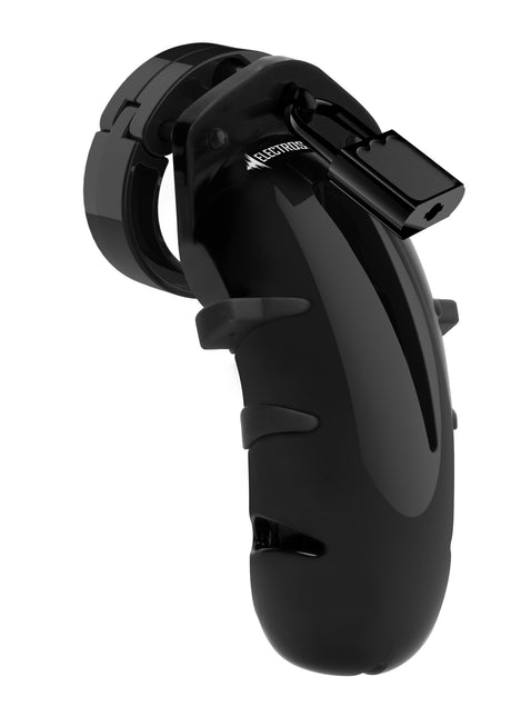 Electroshock E‑Stim Polycarbonate Chastity Cage — Black (4 Rings) - 8714273546647