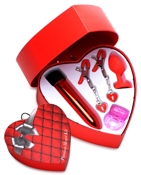 Frisky Passion Heart Gift Set — Red Vibrator, Butt Plug, Cock Ring & Nipple Clamps - 848518036889