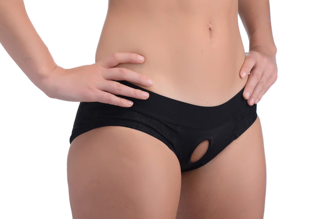 Strap U Lace Envy Crotchless Panty Harness - L/XL, Black - SU-AG453-LXL