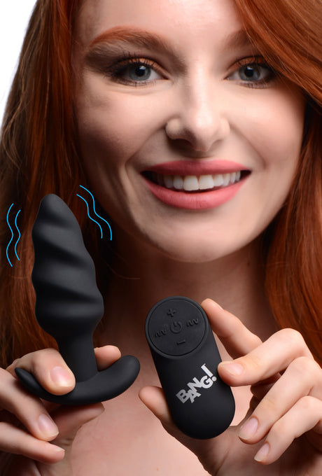 Bang! Remote Control 21X Vibrating Silicone Swirl Butt Plug — Black - BNG-AG564-BLK