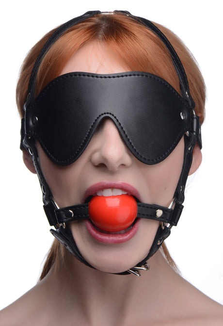 Strict Blindfold Harness with Red Ball Gag (PU Leather, TPR) - 848518042958