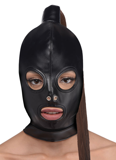 Strict Ponytail Bondage Hood — Black PU Leather with 20-inch Ponytail - STR-AG774