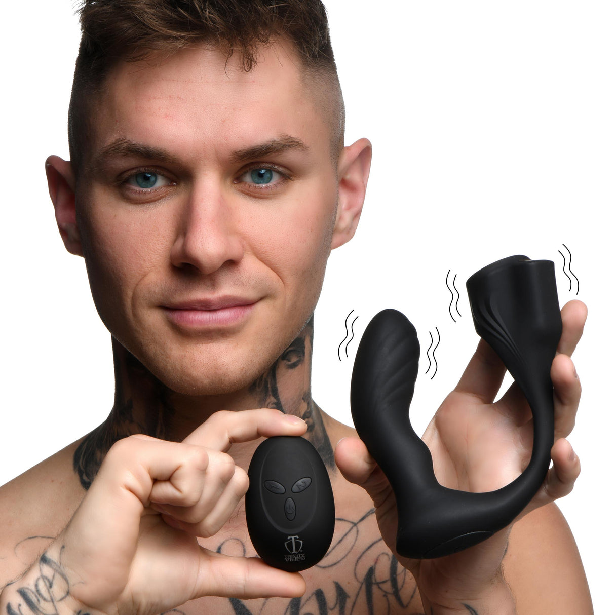Trinity Men 7X Silicone Prostate Plug with Ball Stretcher and Remote (Black) - 848518046635