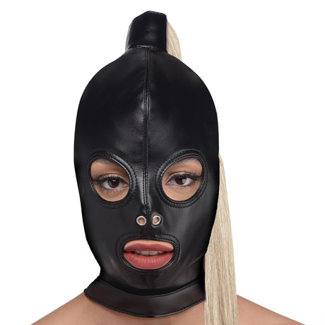 Strict Blonde Ponytail Bondage Hood - Black PU Leather, 17-inch Neck - 848518047496