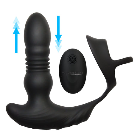Thunderplugs Thrusting Anal Vibrator with Cock & Ball Ring and Remote — Black - 848518047564