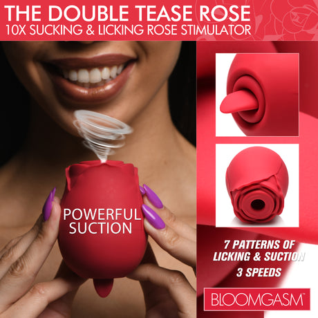 Bloomgasm Double Tease Rose 10X Licking & Sucking Stimulator, Red - 848518051448