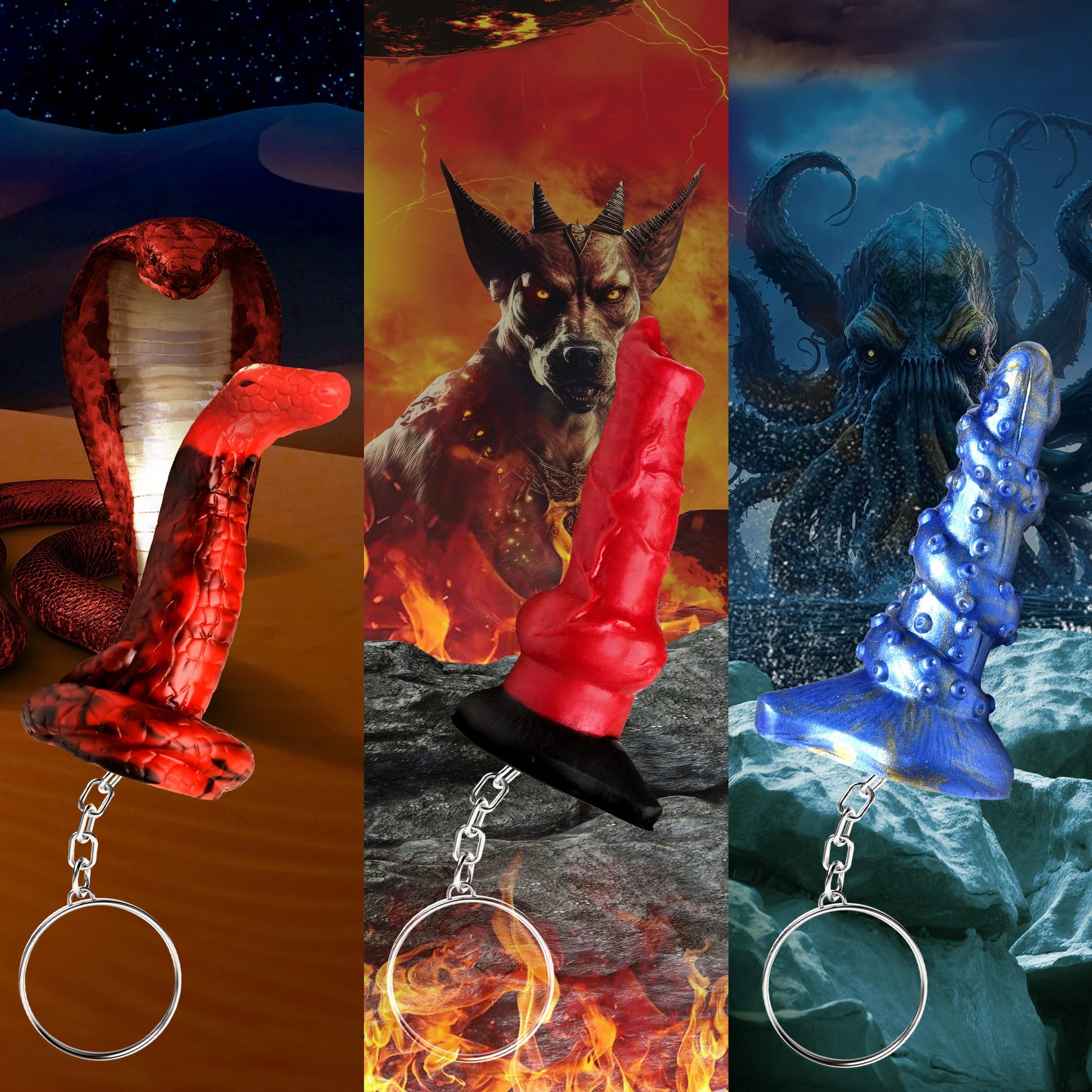 Hell-Hound, Lord Kraken, & King Cobra Silicone Keychain Set by Creature Cocks