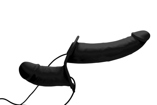 Power Pegger Silicone Vibrating Double Dildo With  Harness - Black