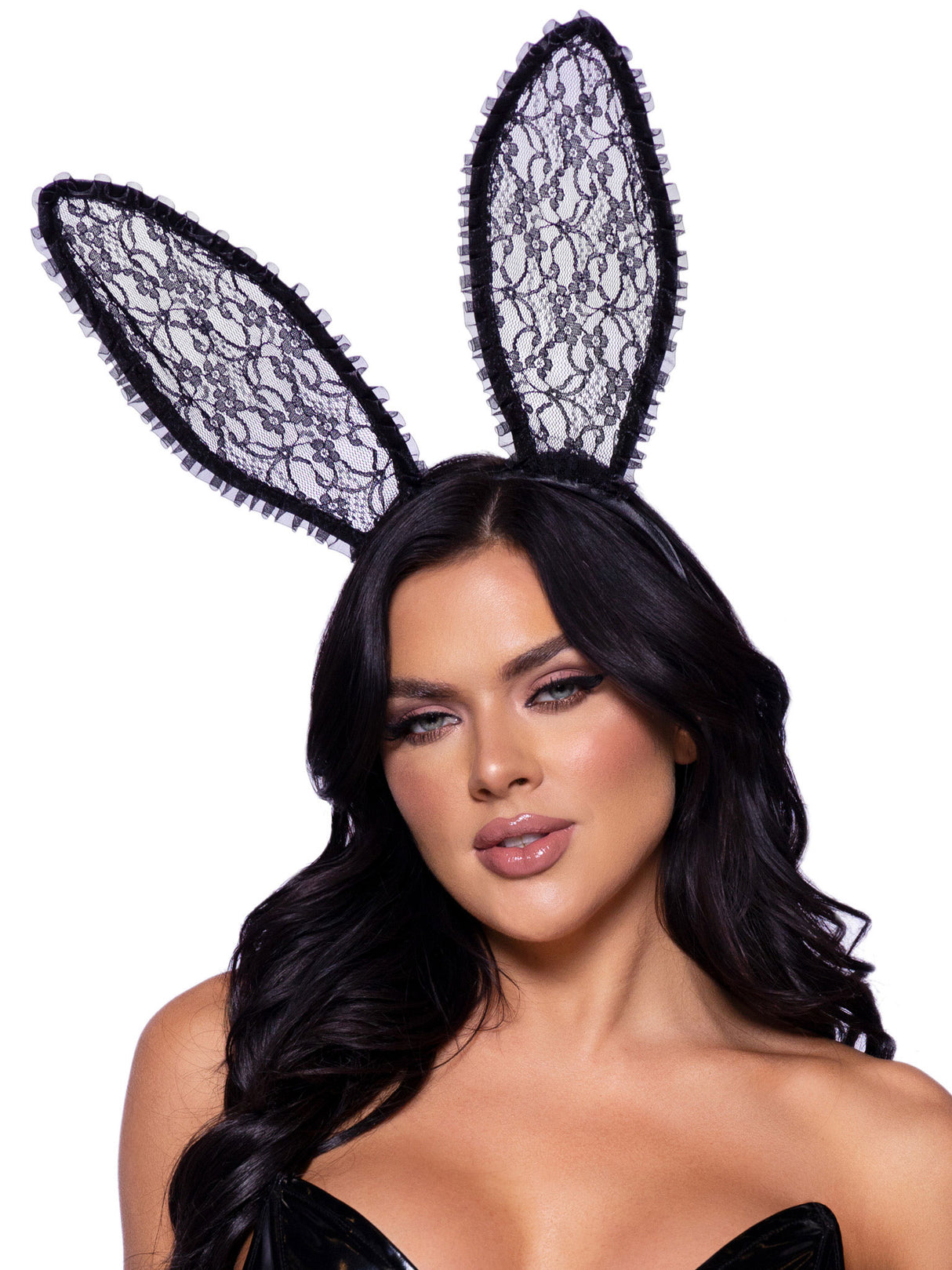Leg Avenue Bendable Lace Bunny Ears with Ruffle Trim, Black (One Pair) - LA-A2912