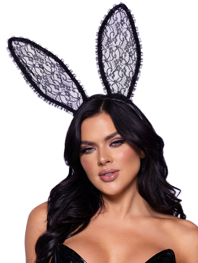 Leg Avenue Bendable Lace Bunny Ears with Ruffle Trim, Black (One Pair) - LA-A2912