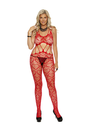 Elegant Moments Heart-Net Open-Crotch Bodystocking, Red — image 1