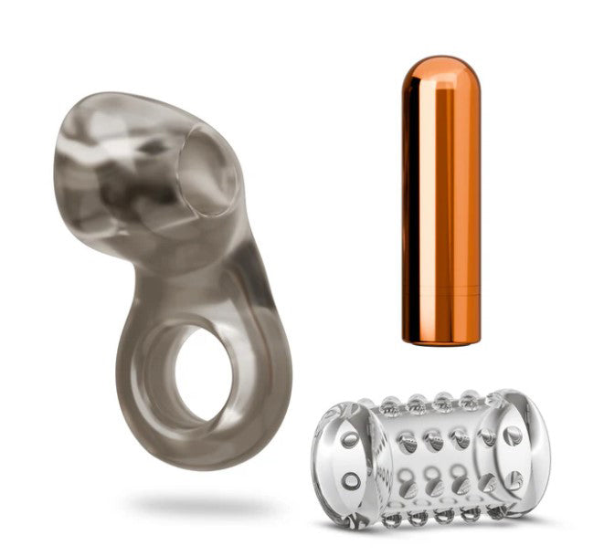 "Stay Hard Vibrating Cock Ring Set With Sleeve Textured Sheath BL-73409"