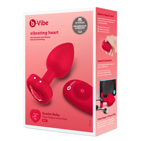 b-Vibe Vibrating Heart Plug M/L — Silicone Anal Plug, Scarlet Gem - BV1001