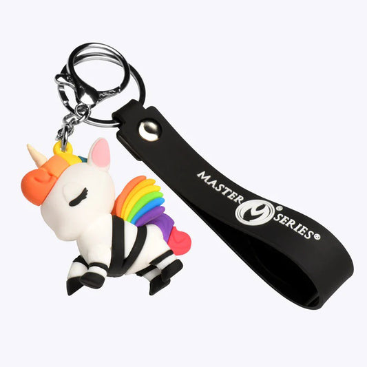 XR Brands Bondage Unicorn Keychain — Rainbow Mane & Rubber Strap - MS-AH802