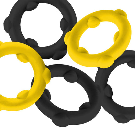 OXBALLS Gearheads 5-Pack Spinner Cock Rings — Yellow & Black - OX-3203-YLBK