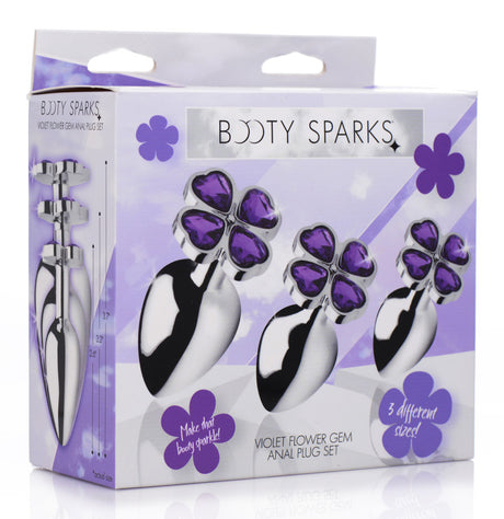XR Brands Violet Flower Gem Anal Plug Set — 3 Sizes, Nickel-Free Aluminum - BTYS-AG205