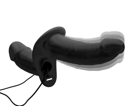 XR Brands Power Pegger Double Vibrating Silicone Dildo with Harness — Black - SU-AF475-BLACK