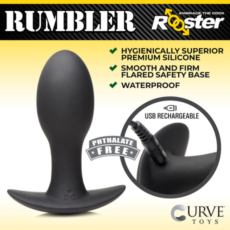 Rooster Rumbler Vibrating Silicone Butt Plug — Large, Black - 653078942705