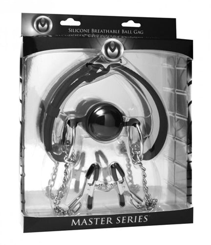 Hinder Silicone Breathable Ball Gag and Nipple Clamps by XR Brands