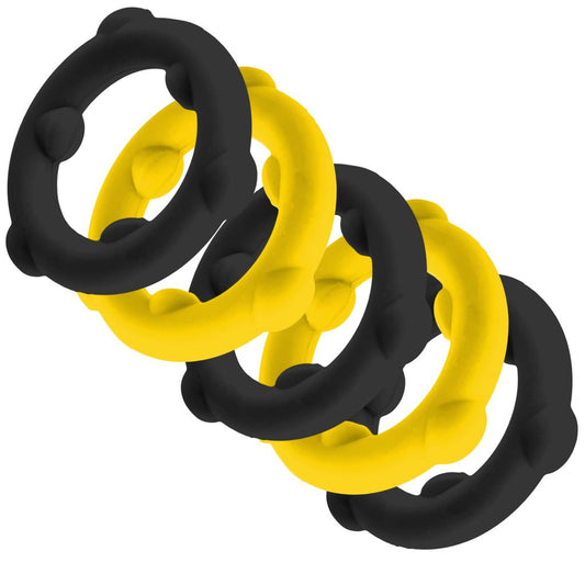 OXBALLS Gearheads 5-Pack Spinner Cock Rings — Yellow & Black - OX-3203-YLBK