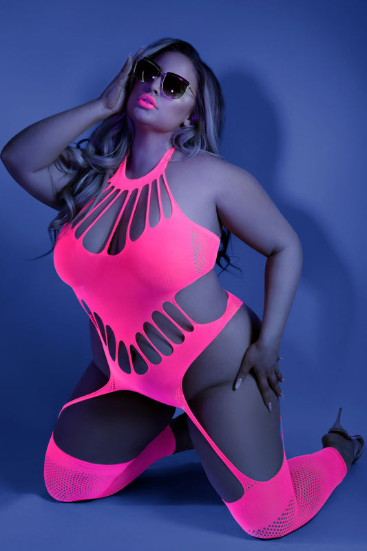 "No Promises Teddy Bodystocking - Queen - Neon  Pink FL-GL2111-QS-B"