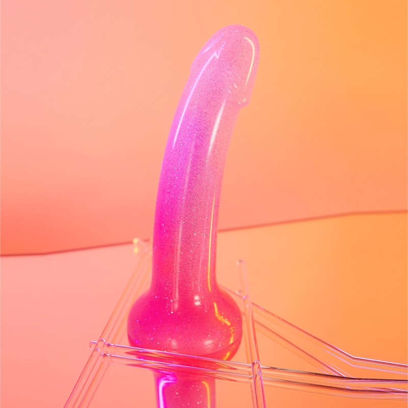 LOVE TO LOVE Dildolls Sunrise Curved Silicone Dildo — 14.8 cm, Pink Glitter - LV3081