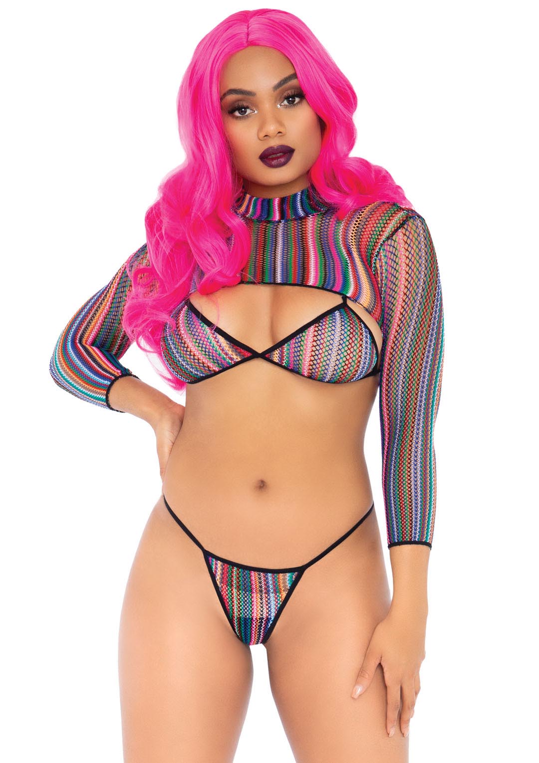 3 Pc Fishnet Bikini G-String and Crop Top - One Size - Multicolor by Leg Avenue