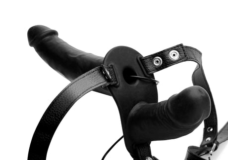 XR Brands Power Pegger Double Vibrating Silicone Dildo with Harness — Black - SU-AF475-BLACK