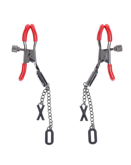 Sportsheets eX's and Oh's Nipple Clamps — Gunmetal with Red Tips - SS09983