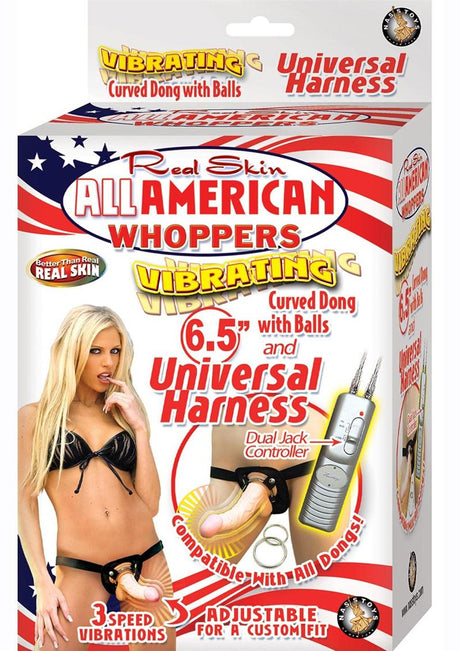 All American Whoppers Vibrating 6.5-Inch Dong With Universasl Harness - Flesh