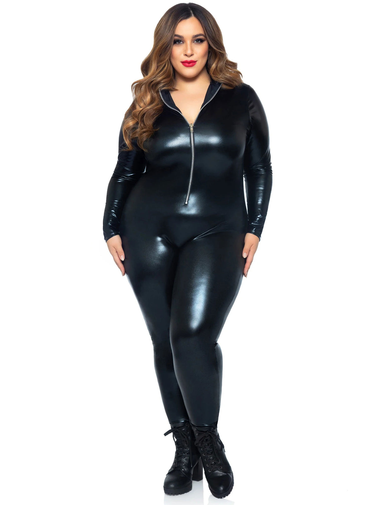 Leg Avenue Lam Zipper Front Catsuit — 1X/2X, Black - LA-85047XBL1X2