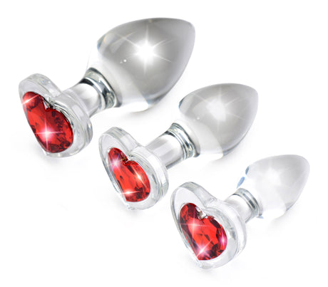 XR Brands Red Heart Gem Glass Anal Plug Set — 3 Sizes - BTYS-AG433