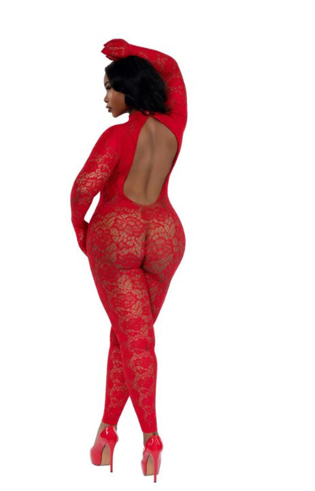 Dreamgirl Gloved Bodystocking — Red (90% Nylon, 10% Spandex) - DG-0516XRD