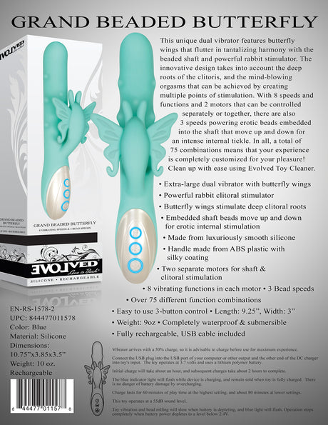 Evolved Novelties Grand Beaded Butterfly Rabbit Vibrator — Dual Motor, 9.25" - EN-RS-1578-2