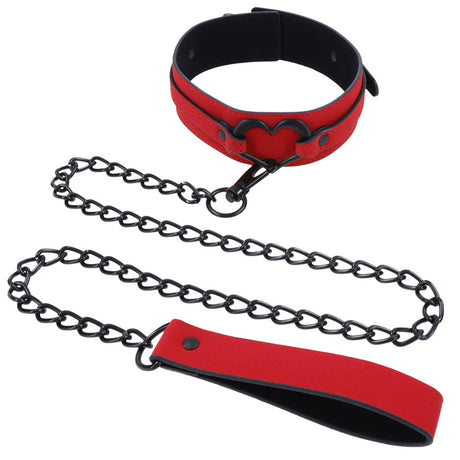 Sportsheets Amor Collar & Leash — Red Faux Leather, Heart Accent - SS09954