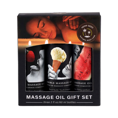 Earthly Body Edible Massage Oil Gift Set, 3 x 2 fl oz — Strawberry, Watermelon, Vanilla - EB-MSEG003