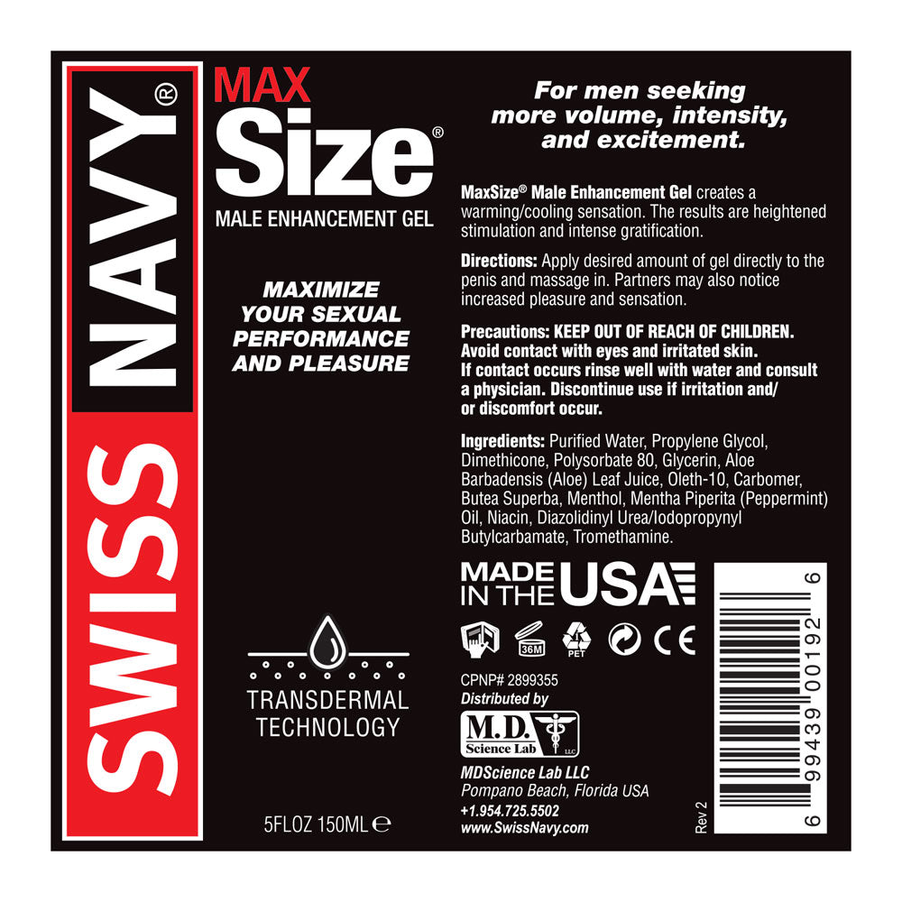Swiss Navy Max Size Male Enhancement Gel 5 Fl Oz by M.D. Science Lab