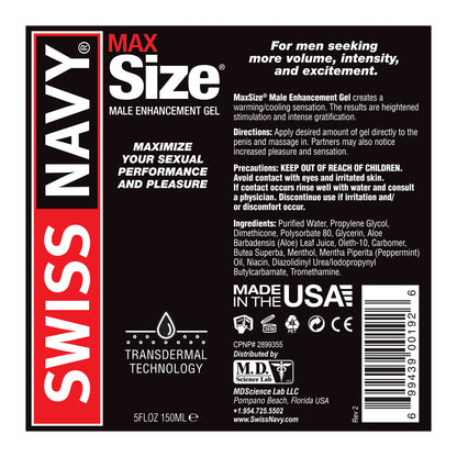 Swiss Navy Max Size Male Enhancement Gel 5 Fl Oz by M.D. Science Lab